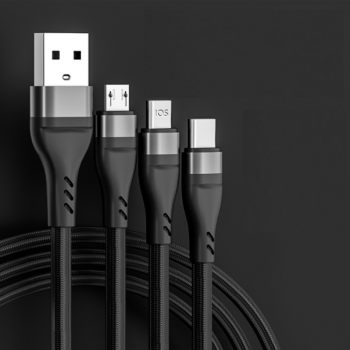 鉑睿 一拖三充電線 數據線 漁網編織 6A快充 Type-C+Lightning頭+micro USB頭 炫酷黑