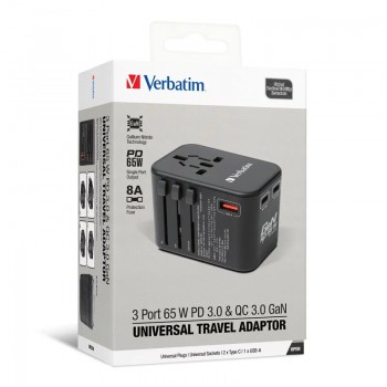 Verbatim威寶 Verbatim 3端口 65W PD 3.0 & QC 3.0 GaN 通用旅行轉插 (66851)